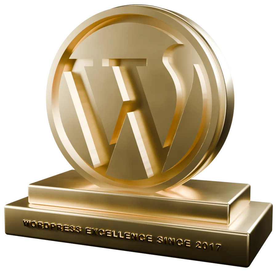 A gold award: the WordPress mark carved into a medallion on a podium engraved WordPress Excellence since 2017
