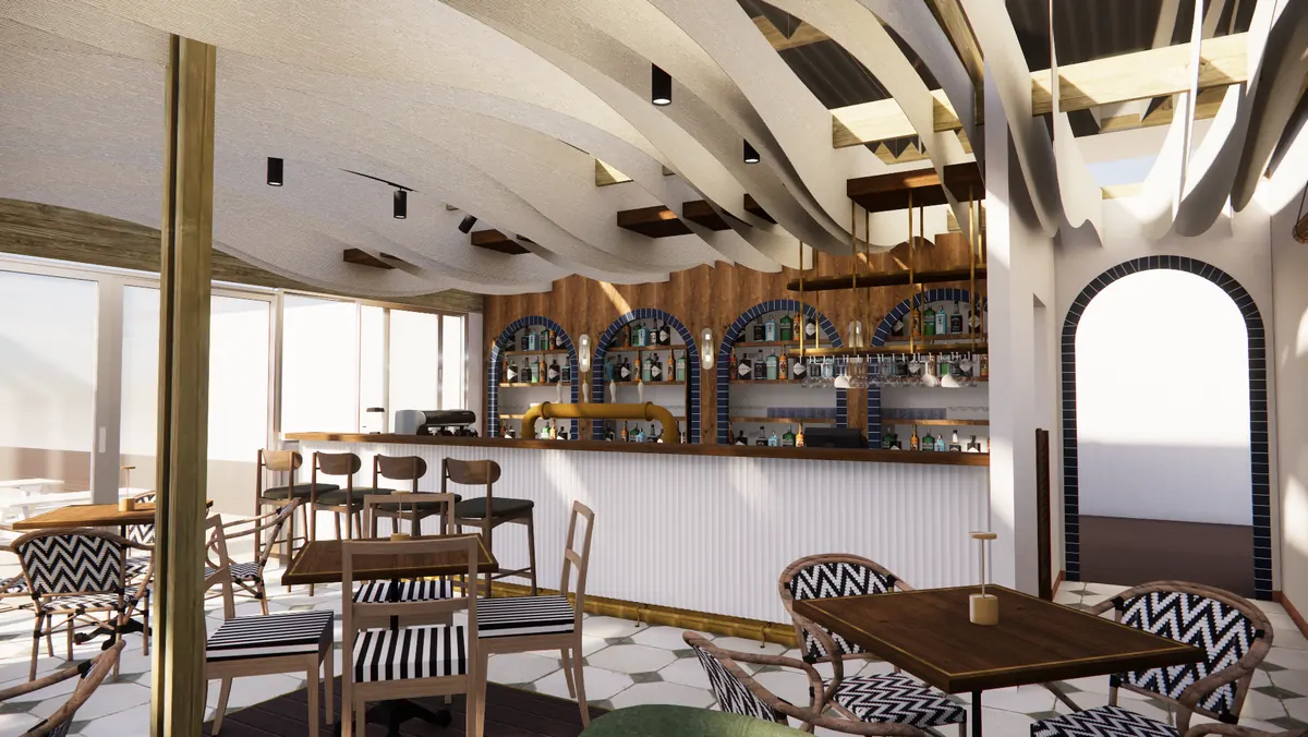 A restaurant bar with arched shelving and patterned chairs