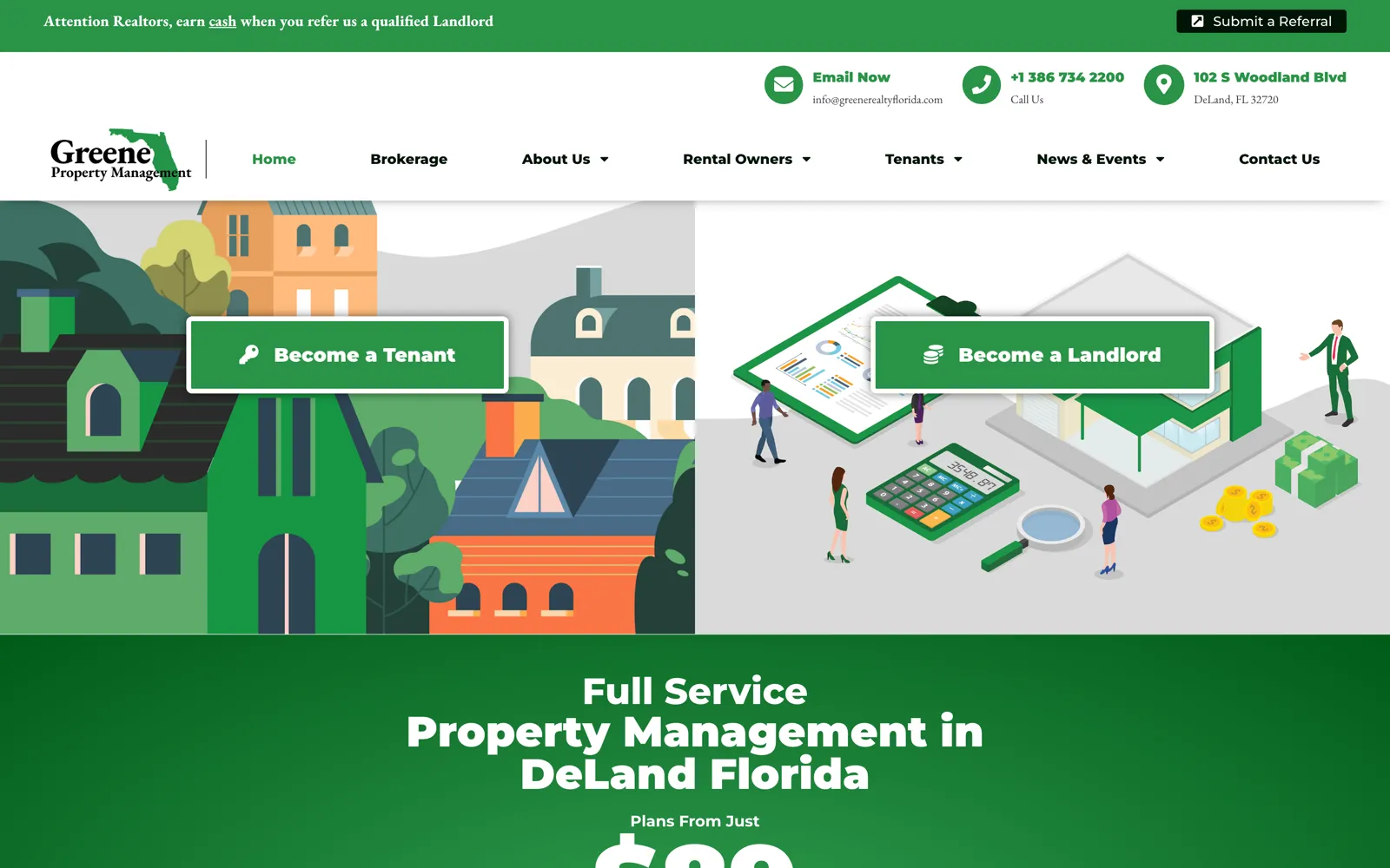 Greene Property Management's homepage: become a tenant, or become a landlord