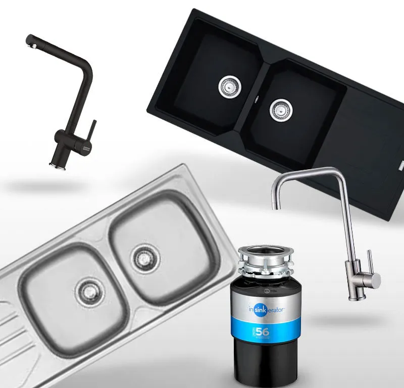 Double sinks, kitchen mixers and a waste disposer