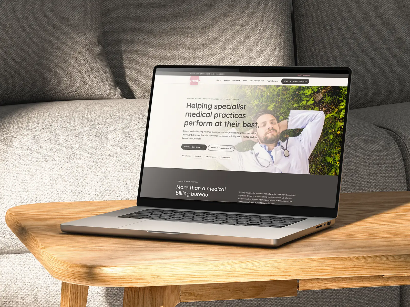 MedX's new homepage on a laptop: Helping specialist medical practices perform at their best