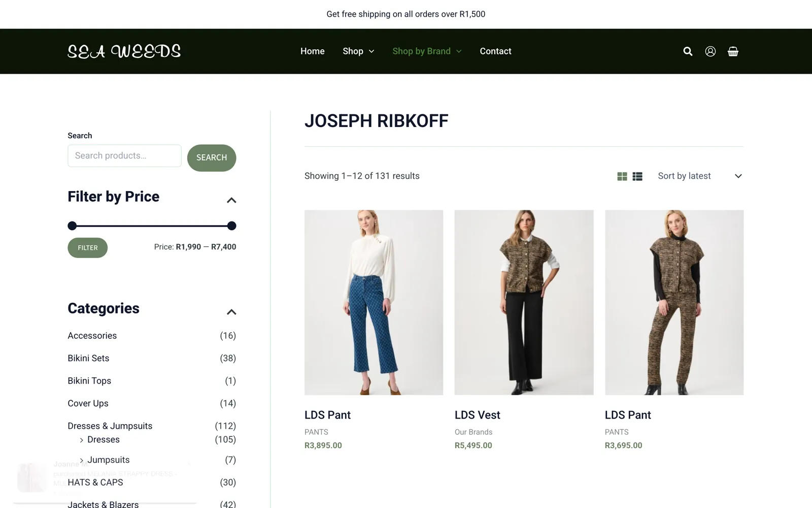 Sea Weeds' Joseph Ribkoff page: the label's range, with filters