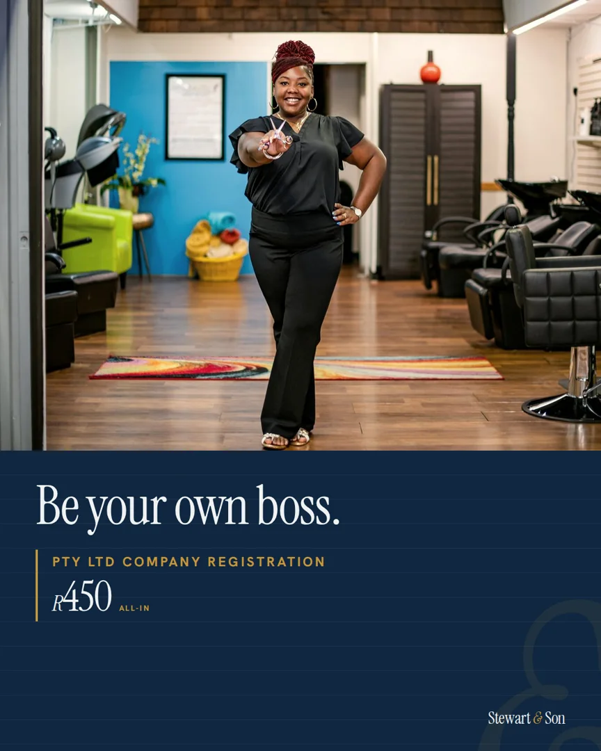 Stewart & Son ad: a salon owner in her salon, “Be your own boss.”, Pty Ltd company registration, R450 all-in