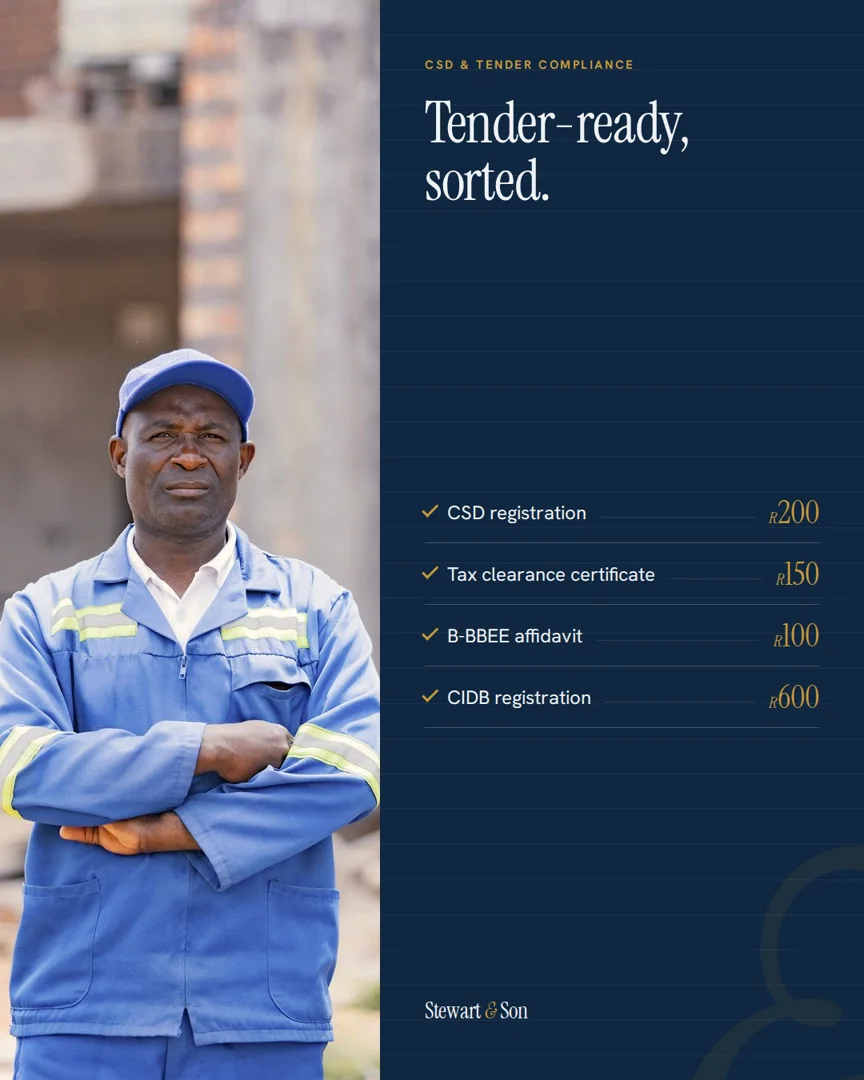 Stewart & Son ad: a contractor in overalls, “Tender-ready, sorted.”, with the price of each certificate