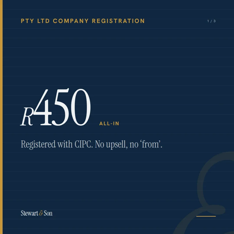 Carousel card one: Pty Ltd company registration, R450 all-in, registered with CIPC, no upsell