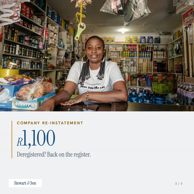 Carousel card two: a shop owner behind her counter, company re-instatement for R1,100