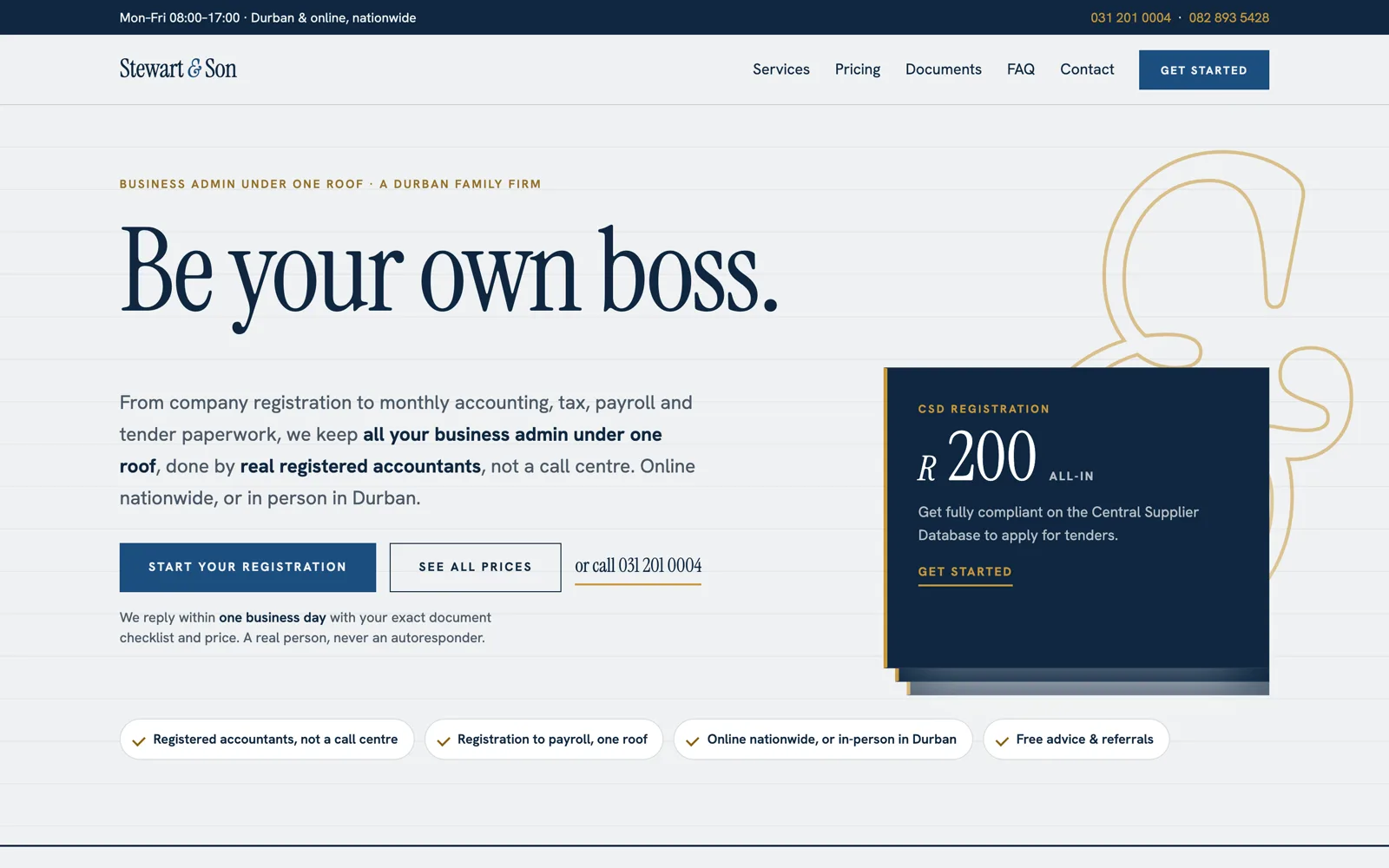 Stewart & Son's homepage: “Be your own boss.”, with the CSD registration price in a card beside it