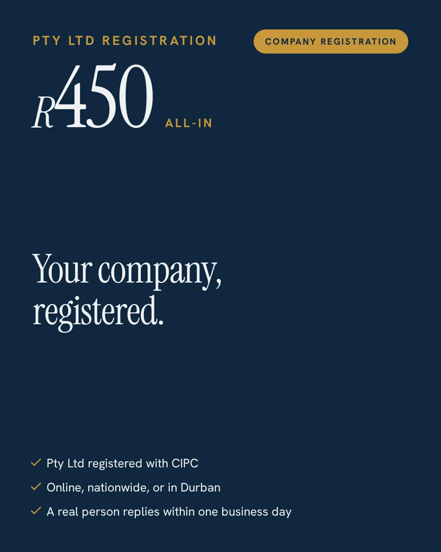 Stewart & Son motion ad: the price counts up to R450 all-in, “Your company, registered.”