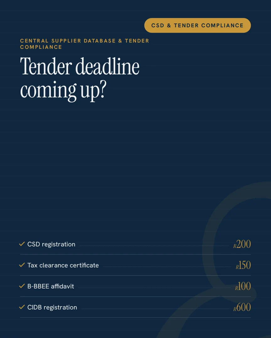 Stewart & Son motion ad: “Tender deadline coming up?”, the certificates and their prices ticked off one by one