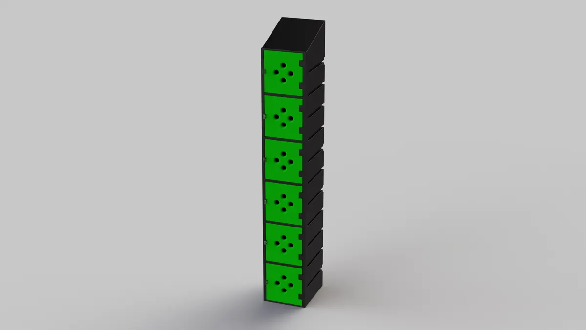 A six-tier locker with green mesh doors