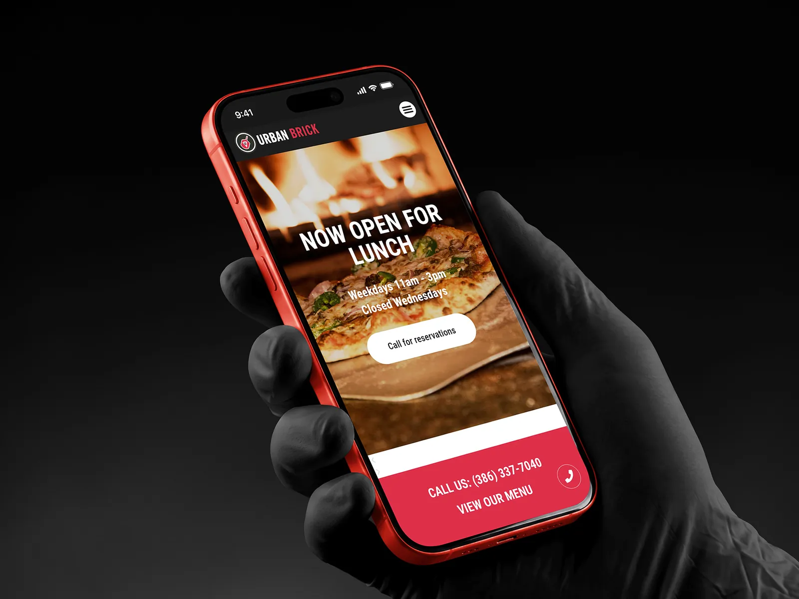 Urban Brick on a phone: Now open for lunch, with Call for reservations, the number and View our menu