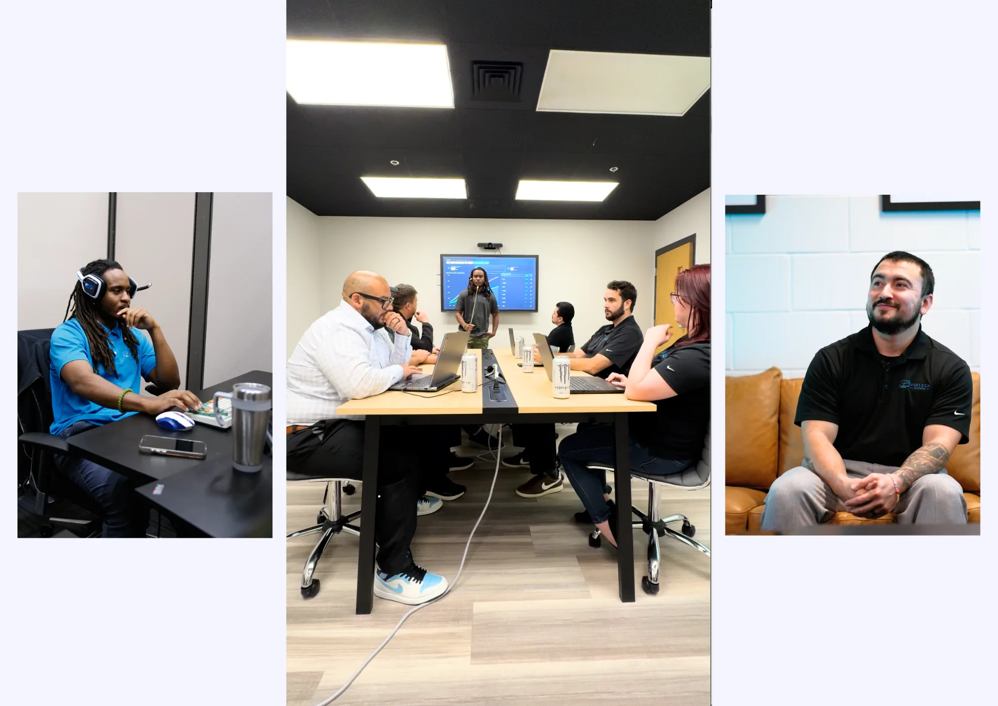 The Virtech Systems team at work: at a desk, round the meeting table, and on the office sofa